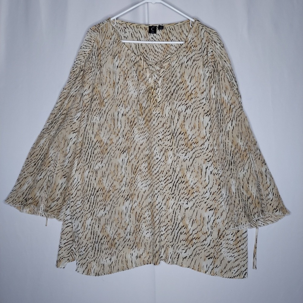 Capri Women Chiffon Top Women 3X Pleated Beige Safari Animal Tie Laced Flare 3/4
